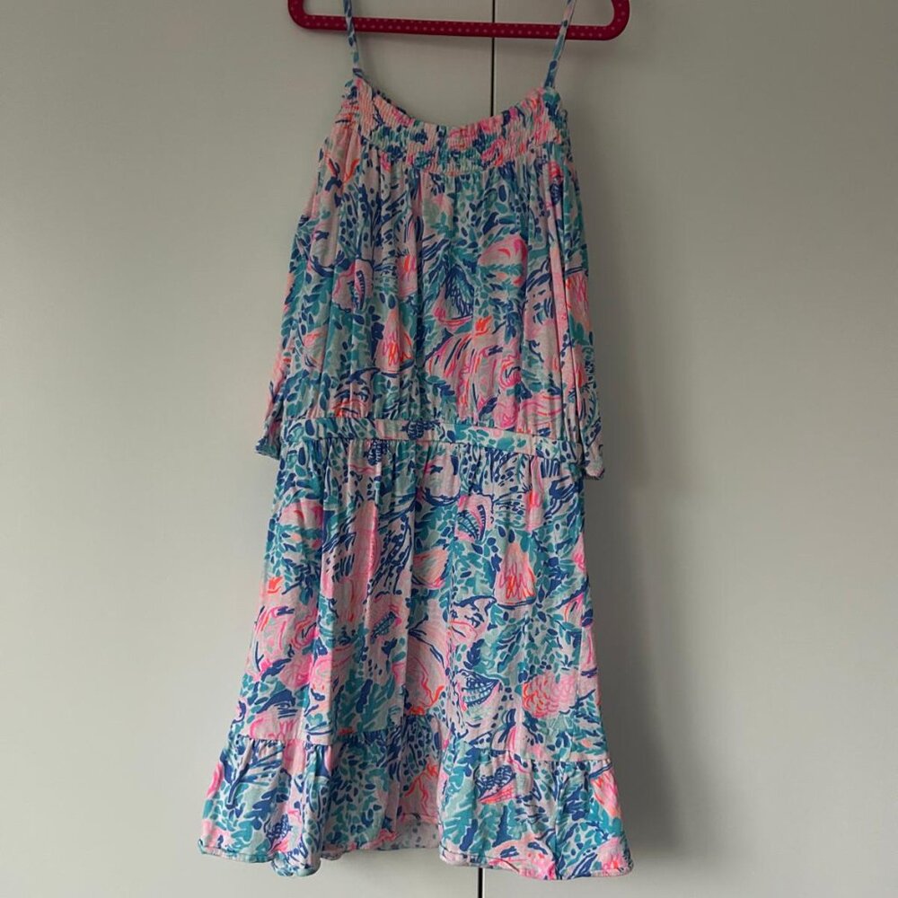 Lilly Pulitzer Girls Dorita Dress Printed Smocked Ruffle Cotton L-10 YRS